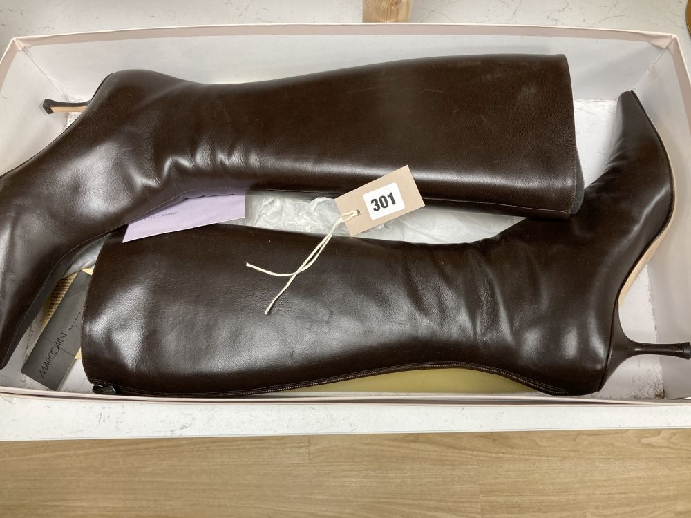 A pair of Jimmy Choo boxed brown leather high heeled pointed boots, size 40.5
